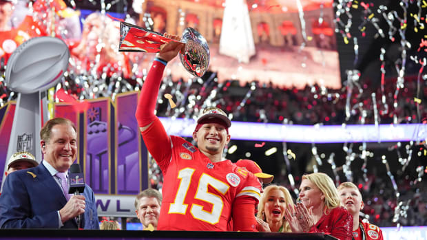 Kansas City Chiefs Patrick Mahomes quarterback Patrick Mahomes holds the Lombardi Trophy after Super Bowl LVIII